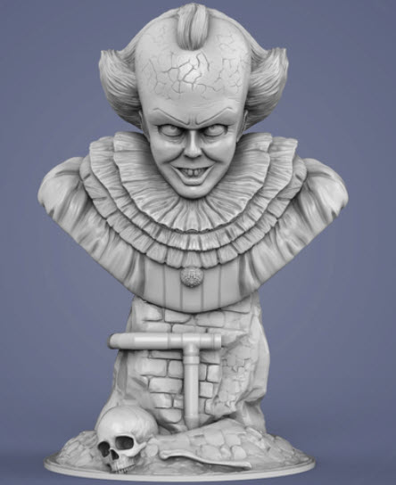 Render van het Pennywise-model, borstbeeld met geplooide kraag